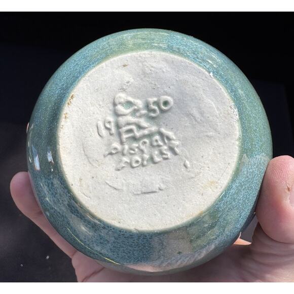 Rare 1935 Pisgah Forest Turquoise Blue & Pink Low Bowl Vase Nice! - Picture 10 of 10